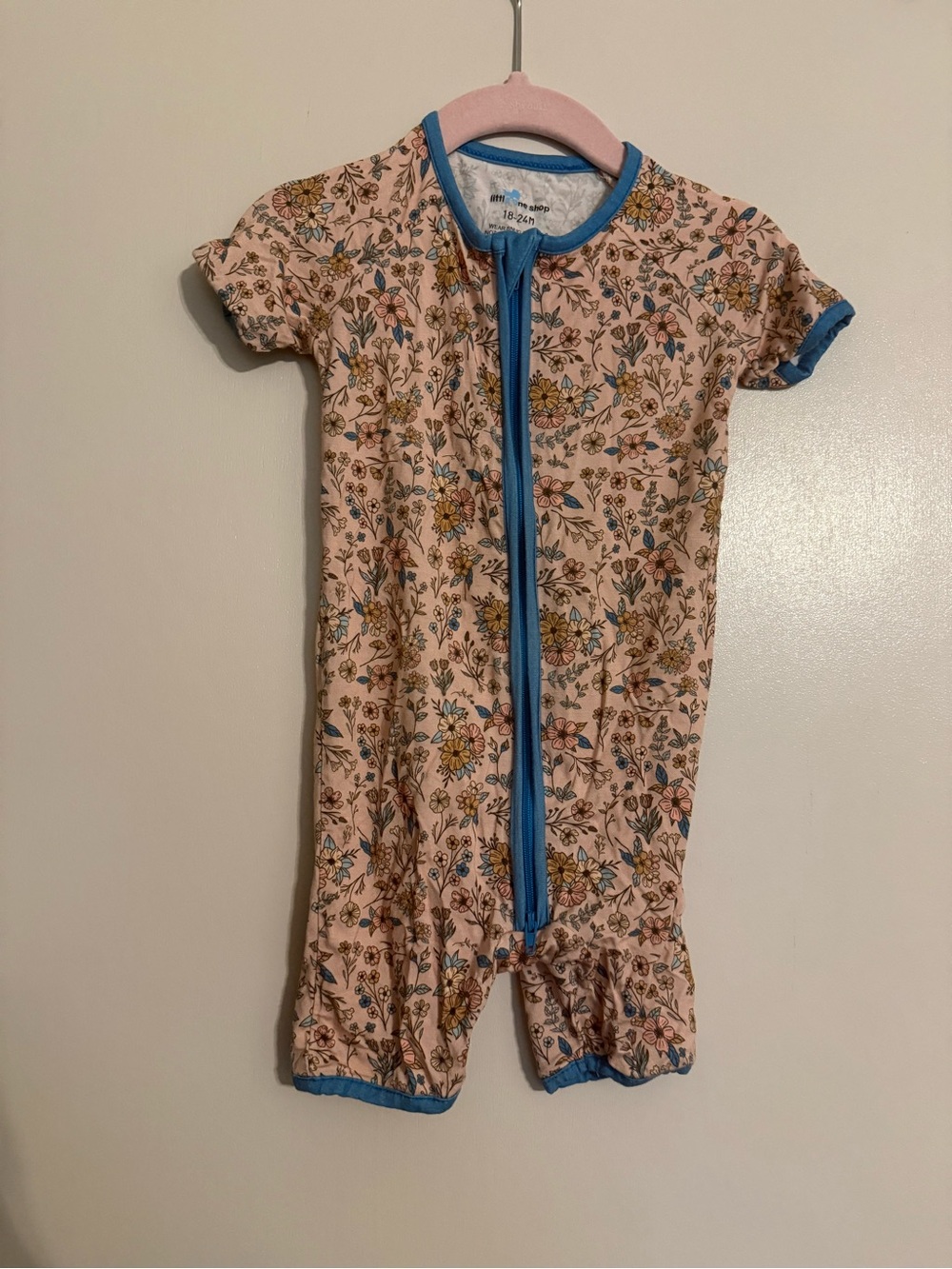 Floral Zip-Front Baby Romper in Pink with Blue Trim